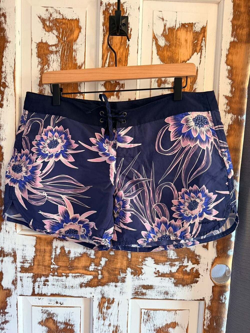 Patagonia Navy Blue Floral Swim Shorts with Pink Accents